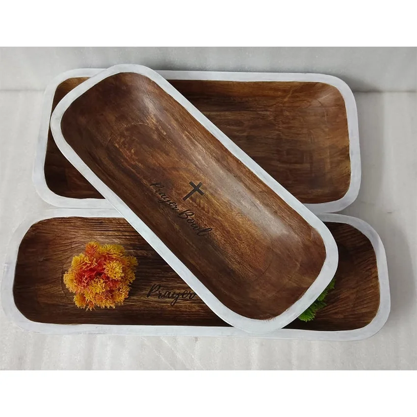 Large Vintage Brown Wooden Prayer Dough Bowl Rustic Religious Christian Cross Engraved Home Decor Art Christmas Church Candle