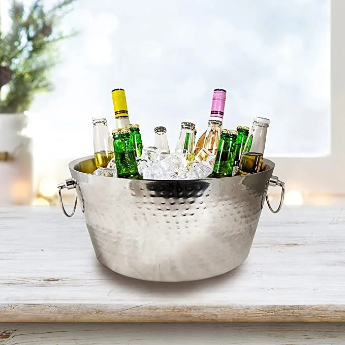Hammered Stainless-Steel Beverage Tub Double-Walled Insulated Anchored Drink Tub & Ice Bucket with Double Hinged Handles Drink
