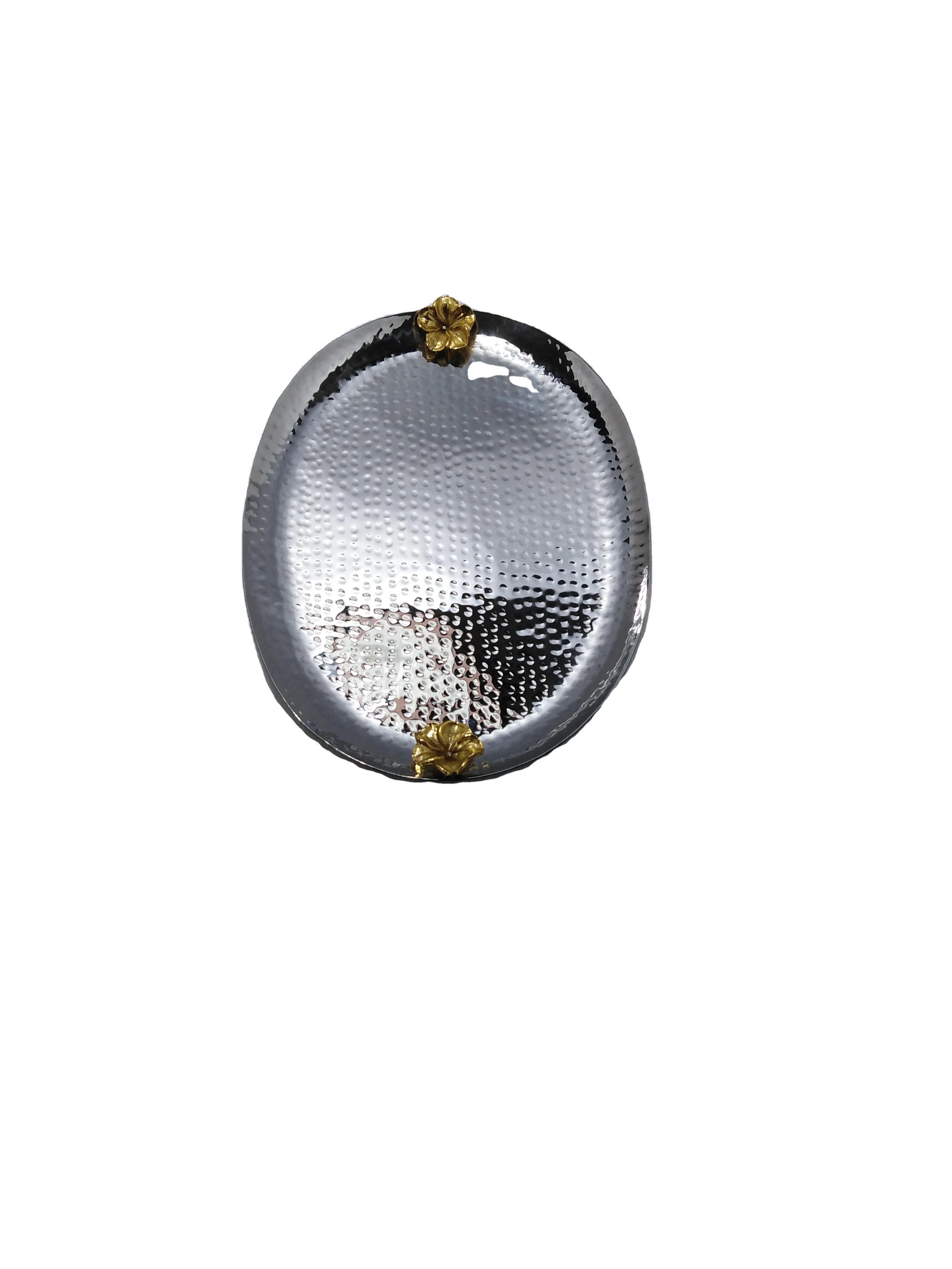 stainless steel  hammered  polished round plate with brass handle