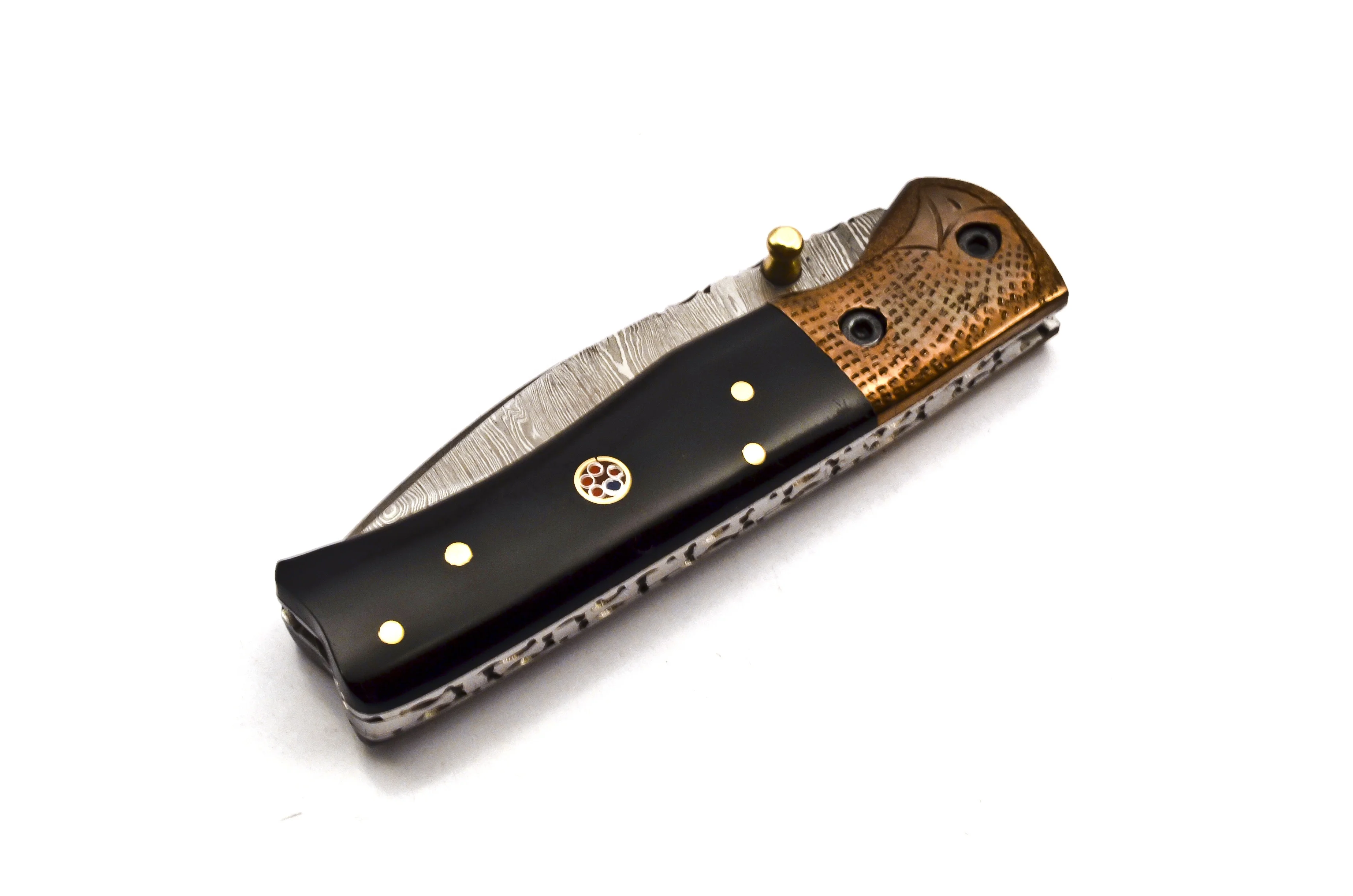 Складной карманный нож из дамасской стали с поворотным узором для повседневного использования черной ручкой микрокарты.