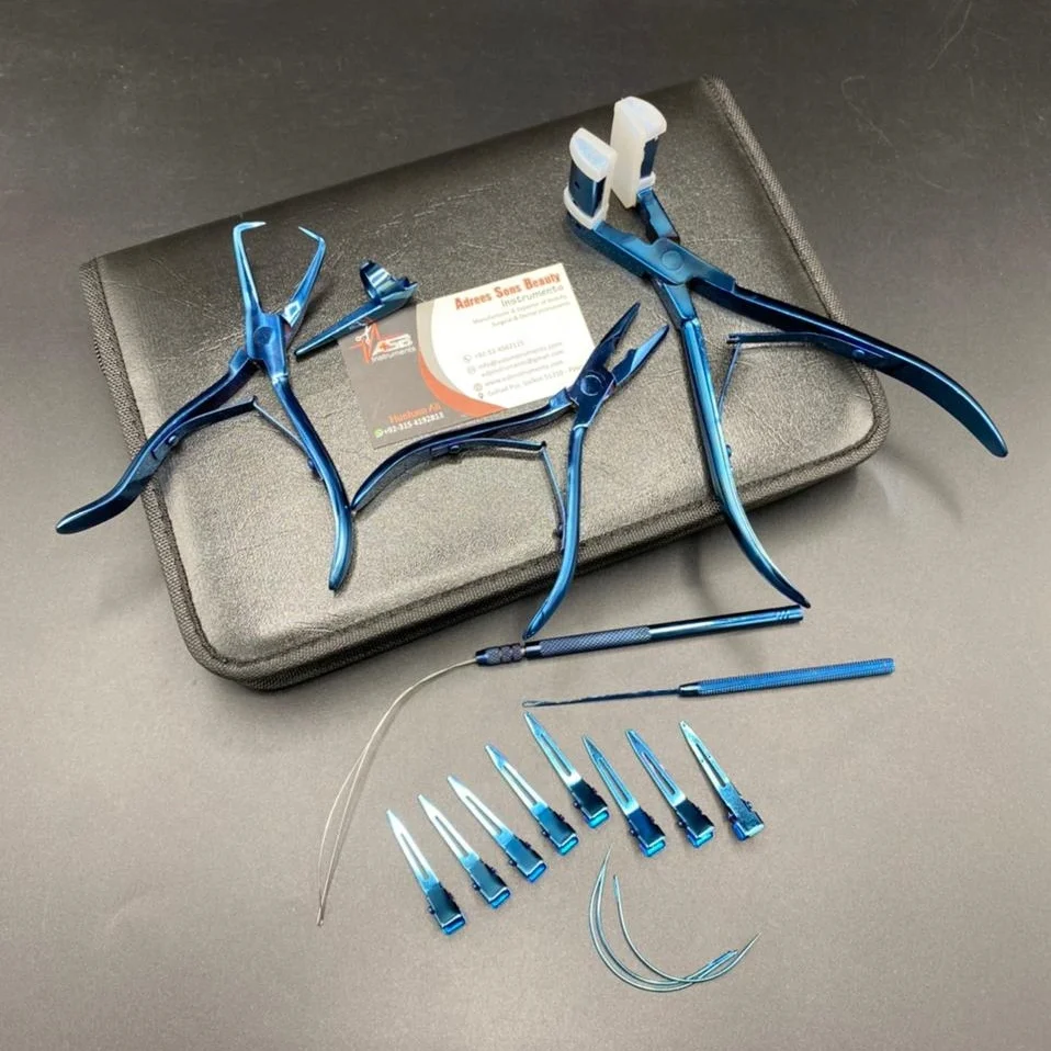 Blue Plasma Tape In Hair Extension Pliers & Thread tools Kit With Hair Parting Section Clips Needles Pulling Hook Loop Scissor