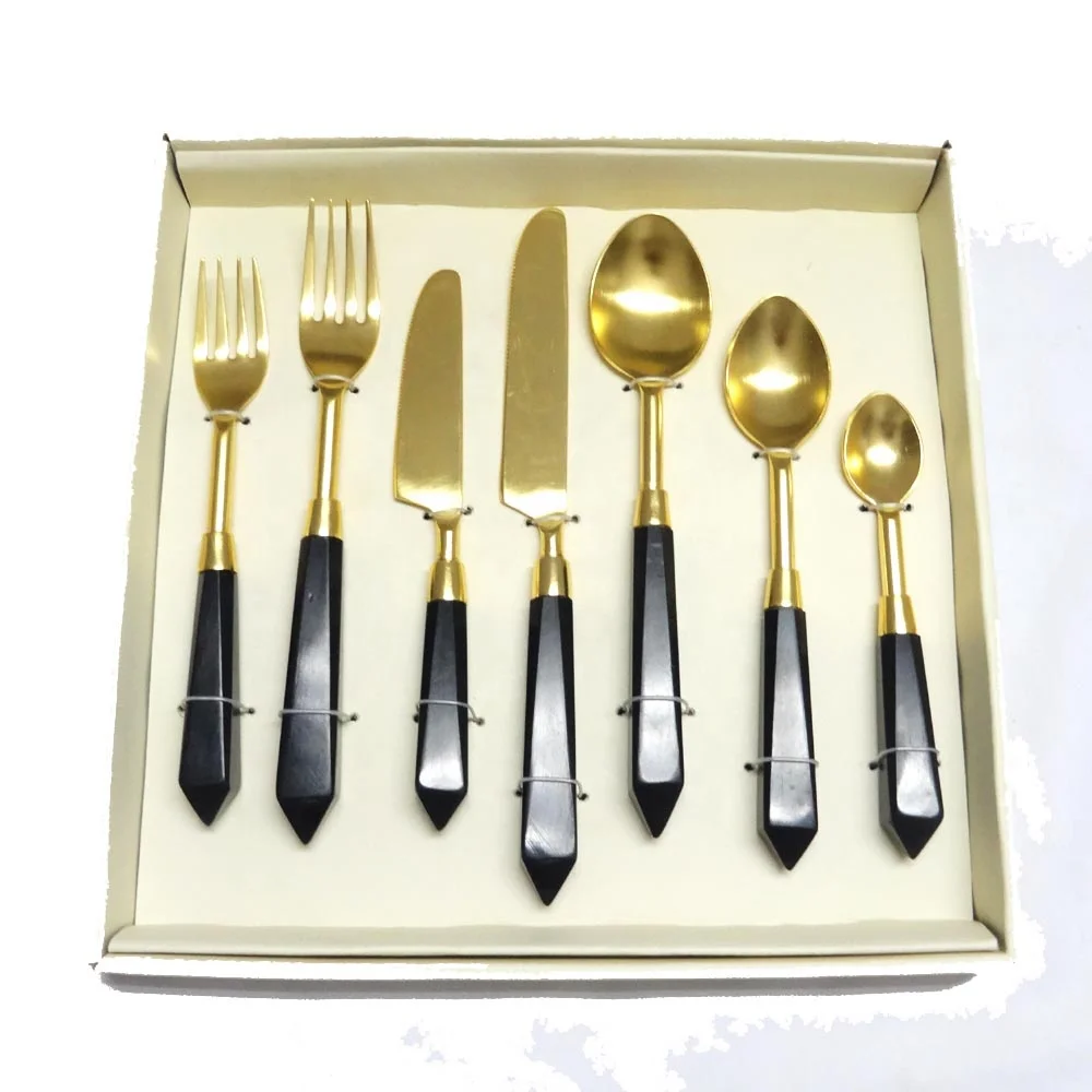 Plain Black Handmade Resin Handle Stainless Steel Gold Plated Designer Seven Piece Flatware Set in a Gift Box