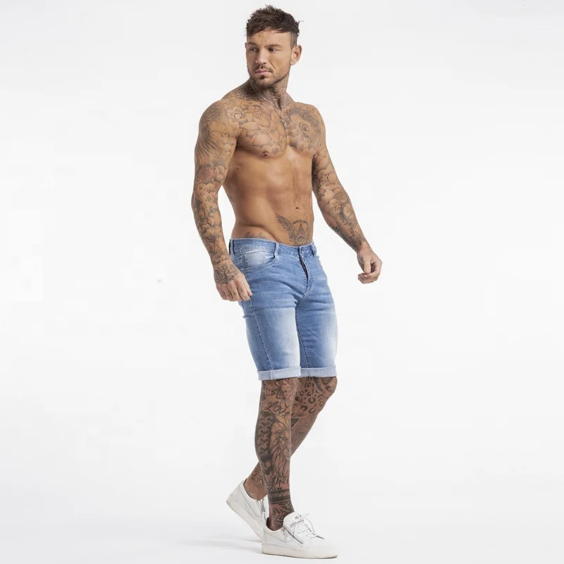 No MOQ Fashion Blue Men Plain Short Jeans Pants Casual Slim Fit Rolled up Cuff Stretch Skinny Shorts