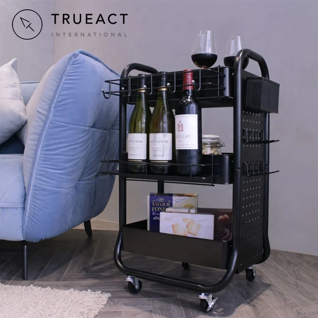 Taiwan black three layer metal shelf kitchen serving storage organizer trolley with accessories