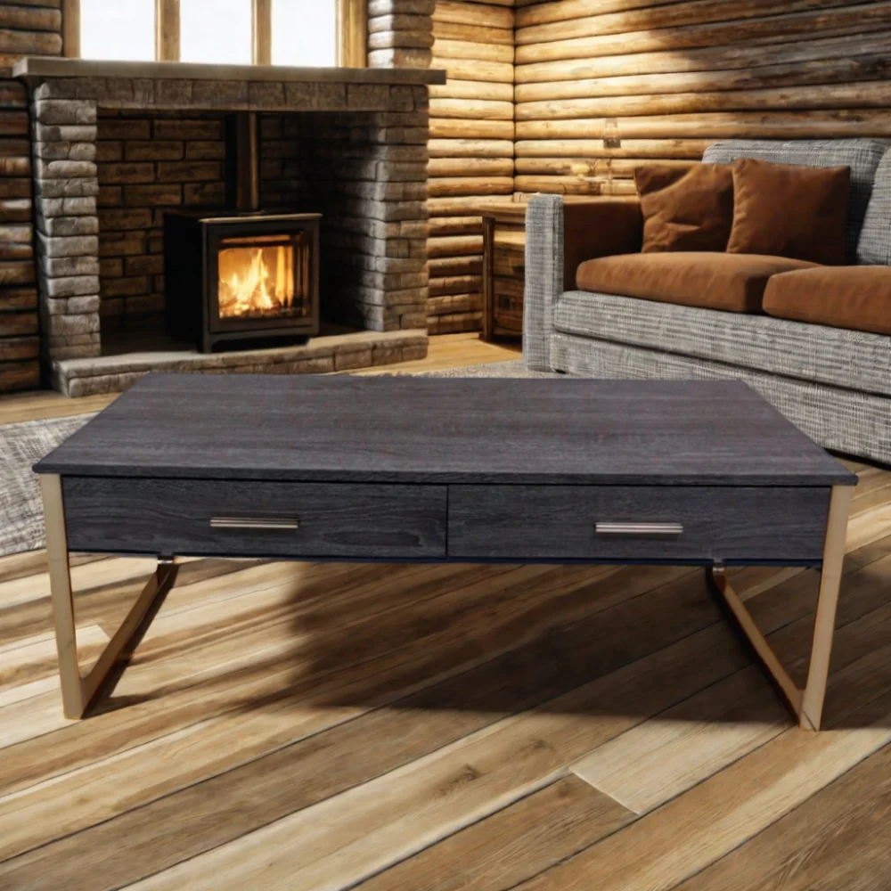 Rustic Wooden Coffee Table with 2 Drawers Small Tea Table Adjustable Metal Laptop Desk Living Room Featuring Storage Features