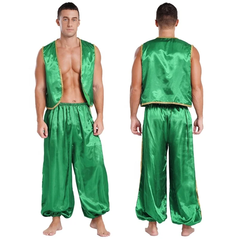 Mens Halloween Arabian Prince Satin Sets Vest Top And Pants Suits For Fairy Tales Cosplay Belly Dance Halloween Stage Costumes
