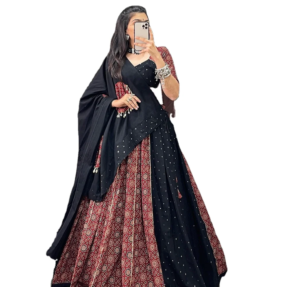 latest masterpiece of navratri collection. Dress up into this printed new maroon color and the mirror work chaniya choli