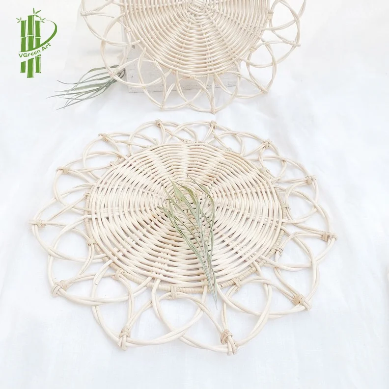 KITCHEN ACCESSORIES woven rattan placemat wood coaster round charger plates flower shape white brown wedding decoration supplies