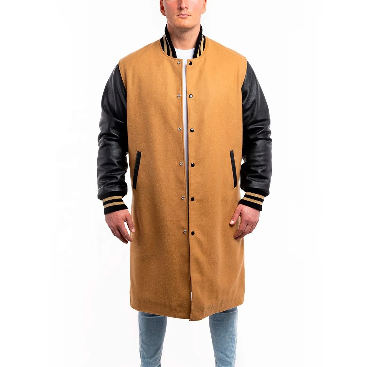 Camel Wool Body & Black Leather Sleeves Letterman Coat Custom Made Varsity Coat High Quality Men College Baseball Coat