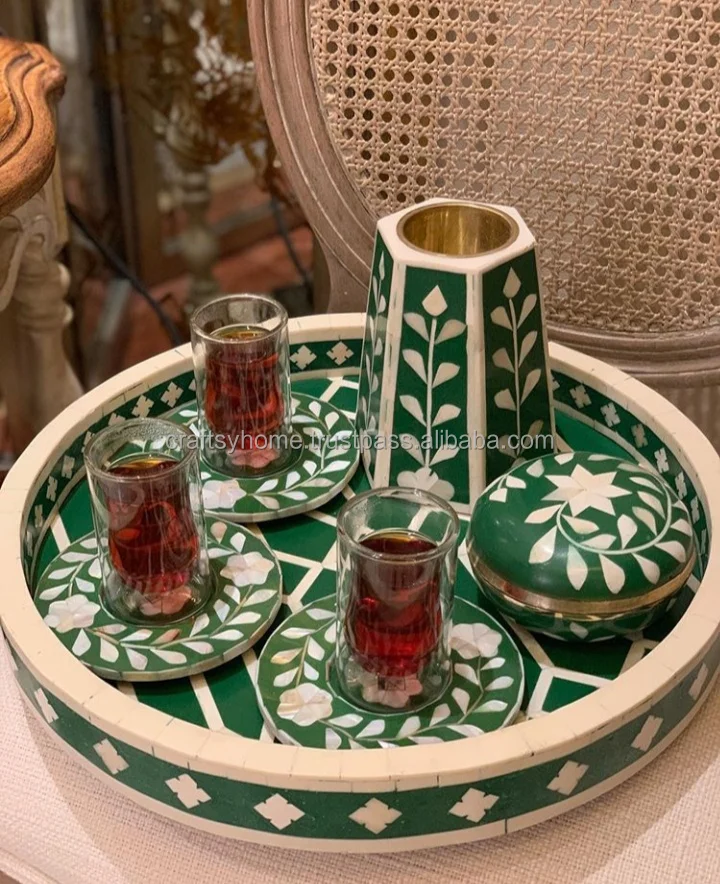 Handmade Bone Inlay Floral Decorative Tray With 6 Pcs Set Tea Coaster Set Bone Inlay Table Decoration Tray Drink Coaster