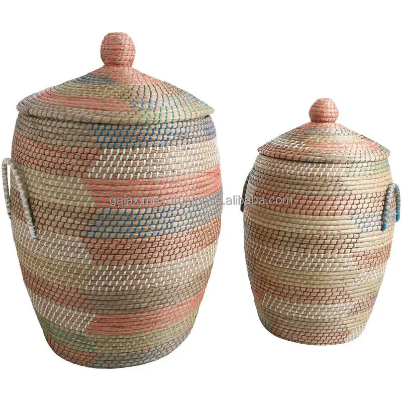 Best round seagrass storage basket with lid cutout handles woven basket handcrafted made of eco-friendly materials
