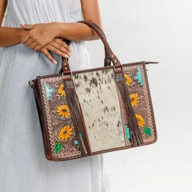 Hair On Hand Tooled Leather Women Tote Bag Western Genuine Leather Concealed Carry Crossbody Purse Premium High Quality Handbags
