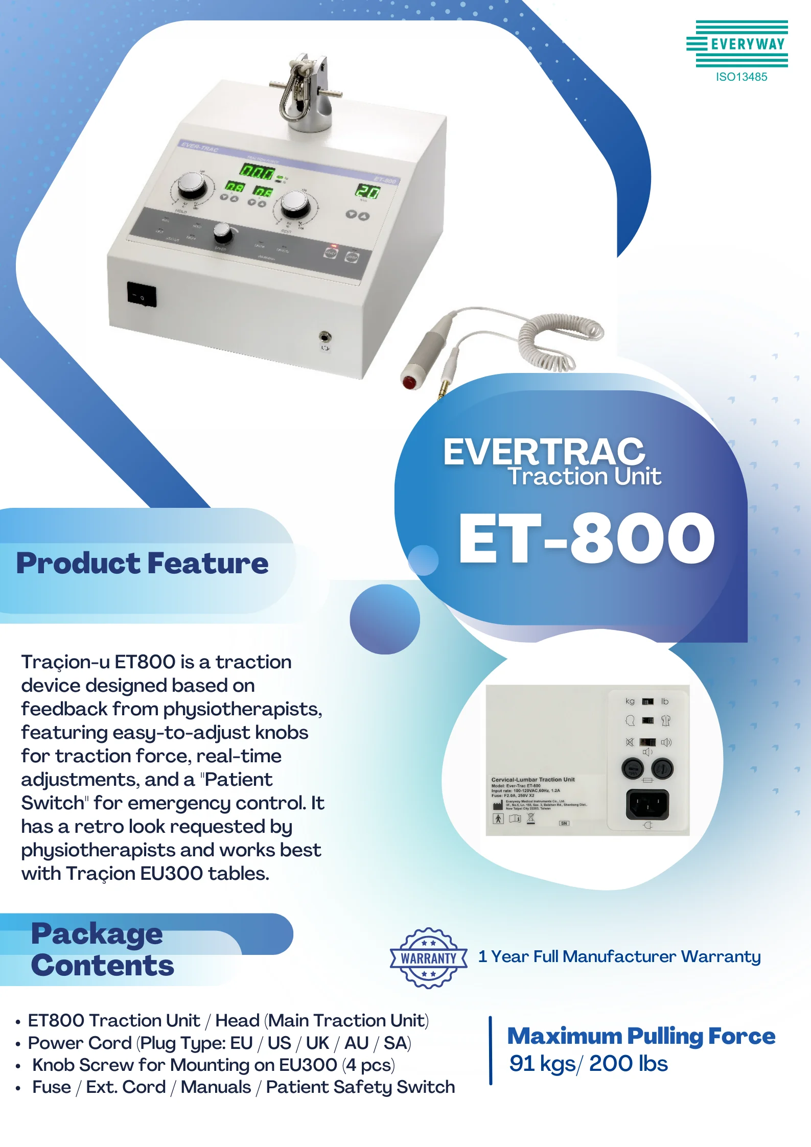 EU300 Portable Physiotherapy Equipment Lumber and Neck Traction Device for Pain Relief US Plug 3-Year Warranty