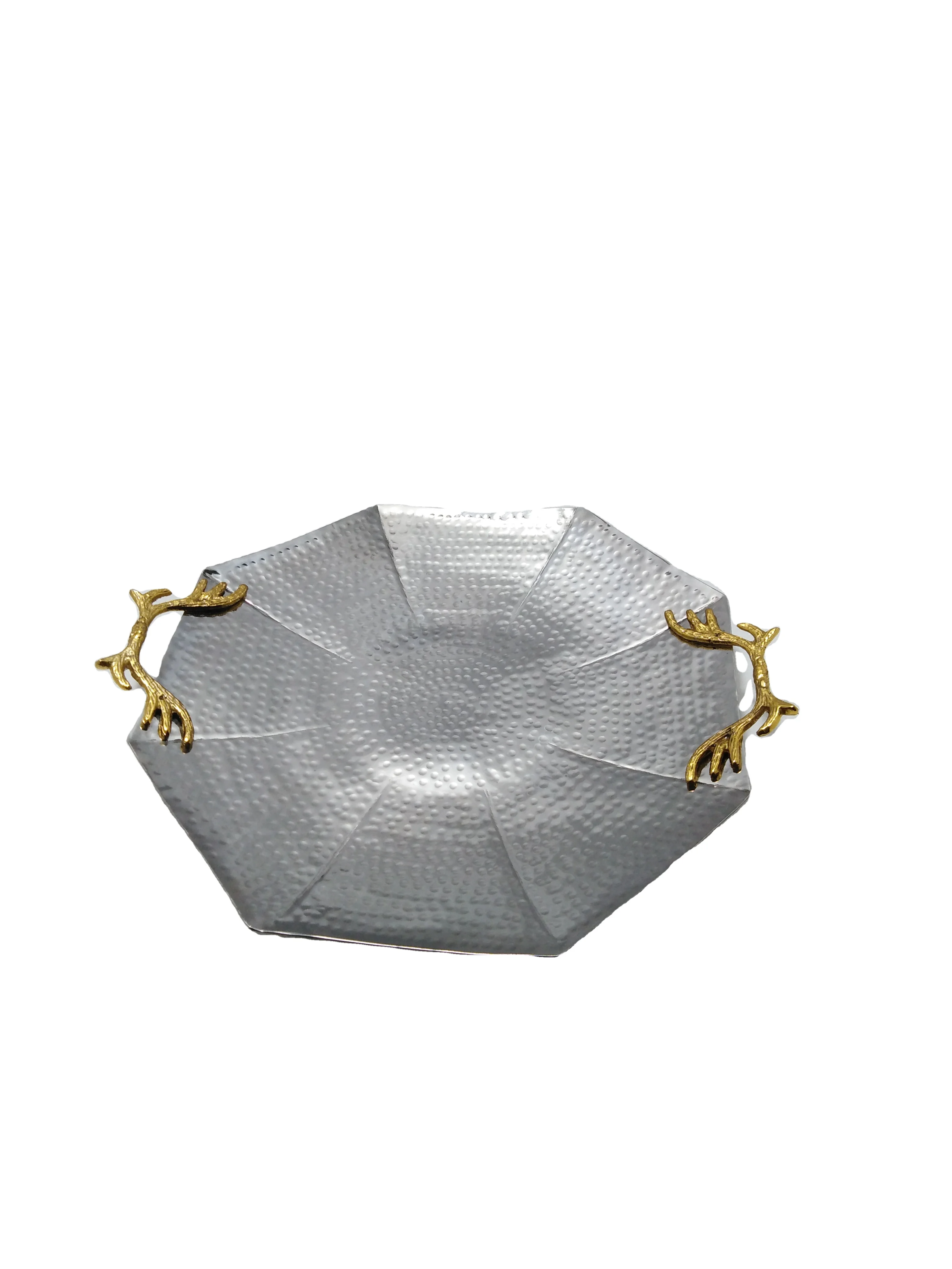 
stainless steel hammered polished round plate with brass handle 