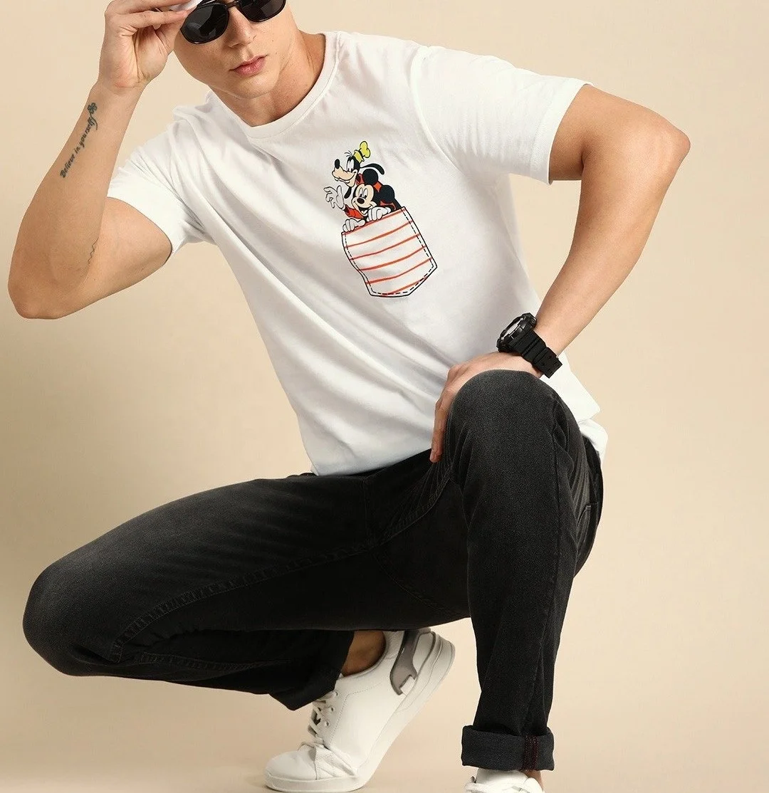 Men White Goofy & Mickey Printed Round Neck T-shirt 100% cotton