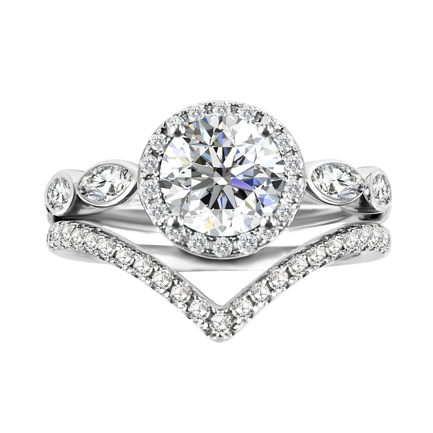 Ideal Cut Moissanite Diamond Jewelry Hypoallergenic 925 Silver 2 IN 1 Wedding Bridal Engagement Halo Ring Set Destiny Jewellery