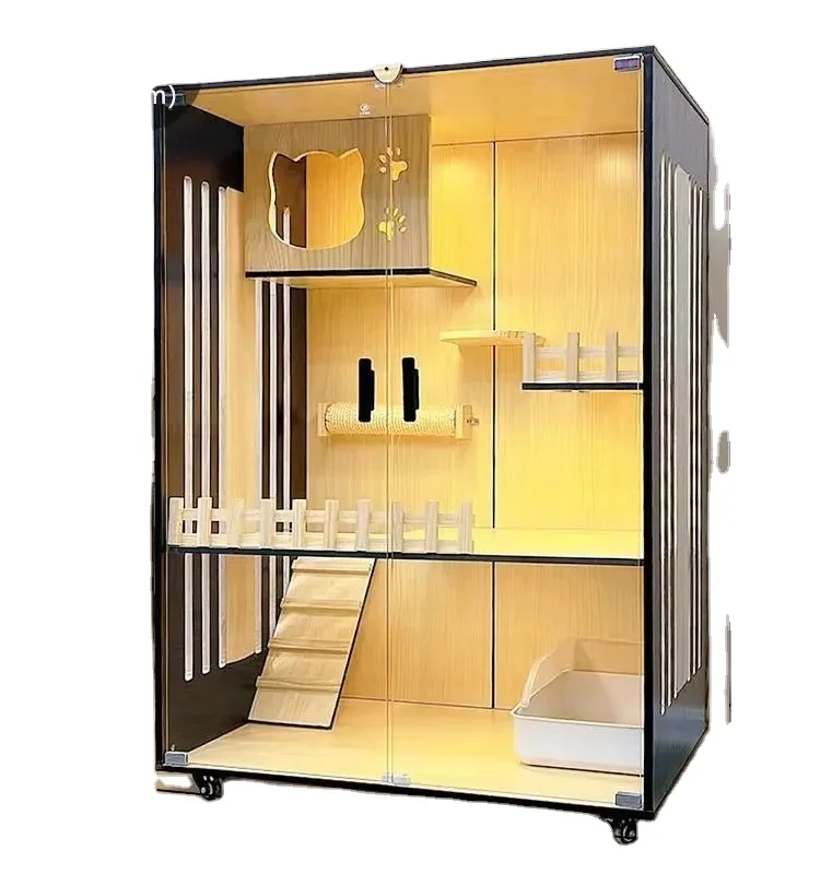 Hot Sales Wholesale Luxury Solid Wood Cat Villa Breathable Cute Pet House for indoor for small pets and cats