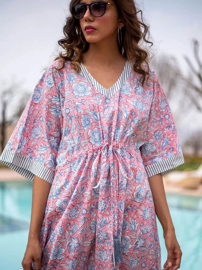 Удивительная Новая Летняя коллекция розовый хлопковый кафтан с ручным принтом женская ночная одежда платье Довольно удобное для уютных ночей