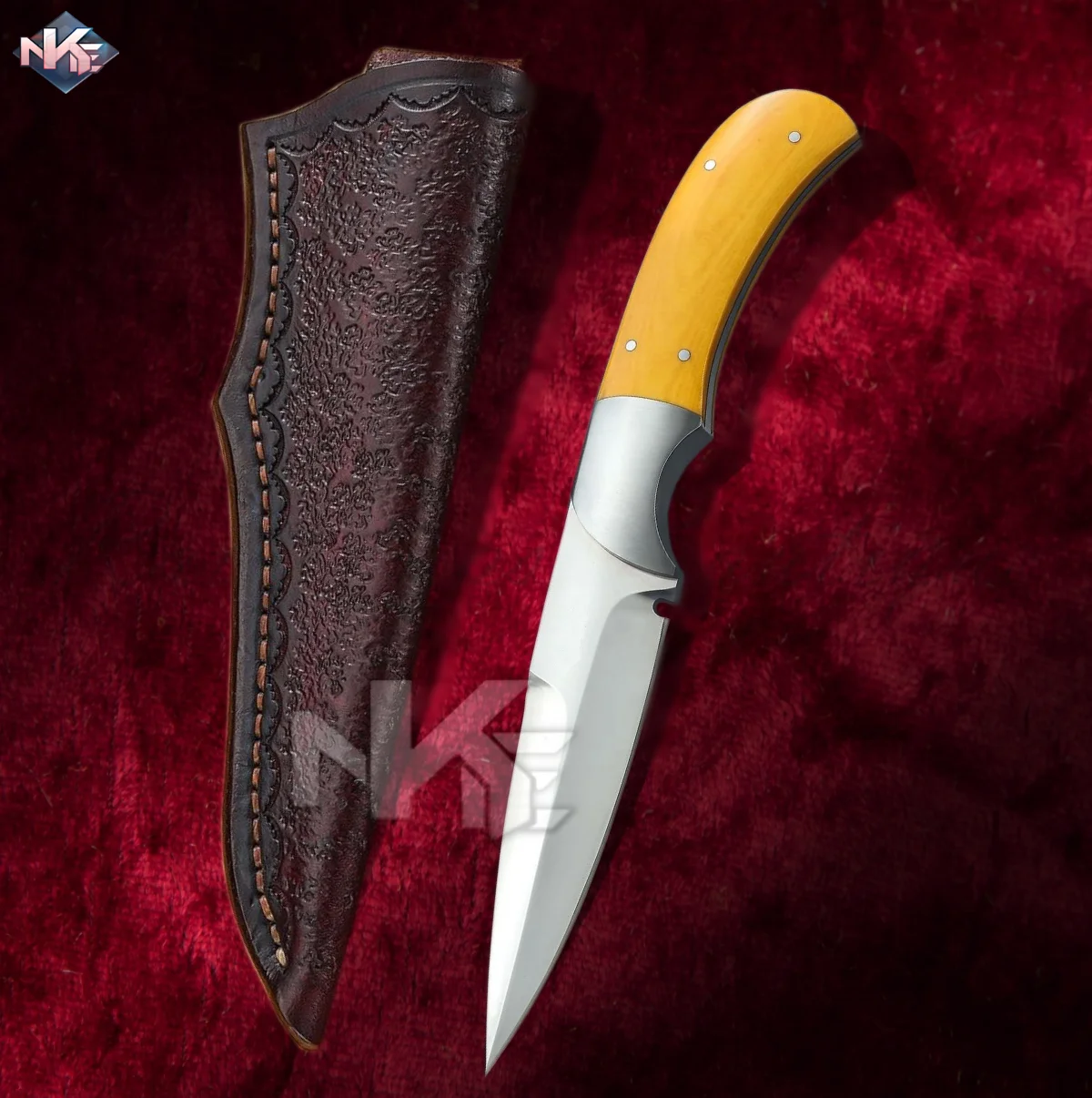 2022 New Camping Knife Premium Quality Tactical D-2 Steel Knife with Yellow G10 Handle and Cow Hide Leather Sheath