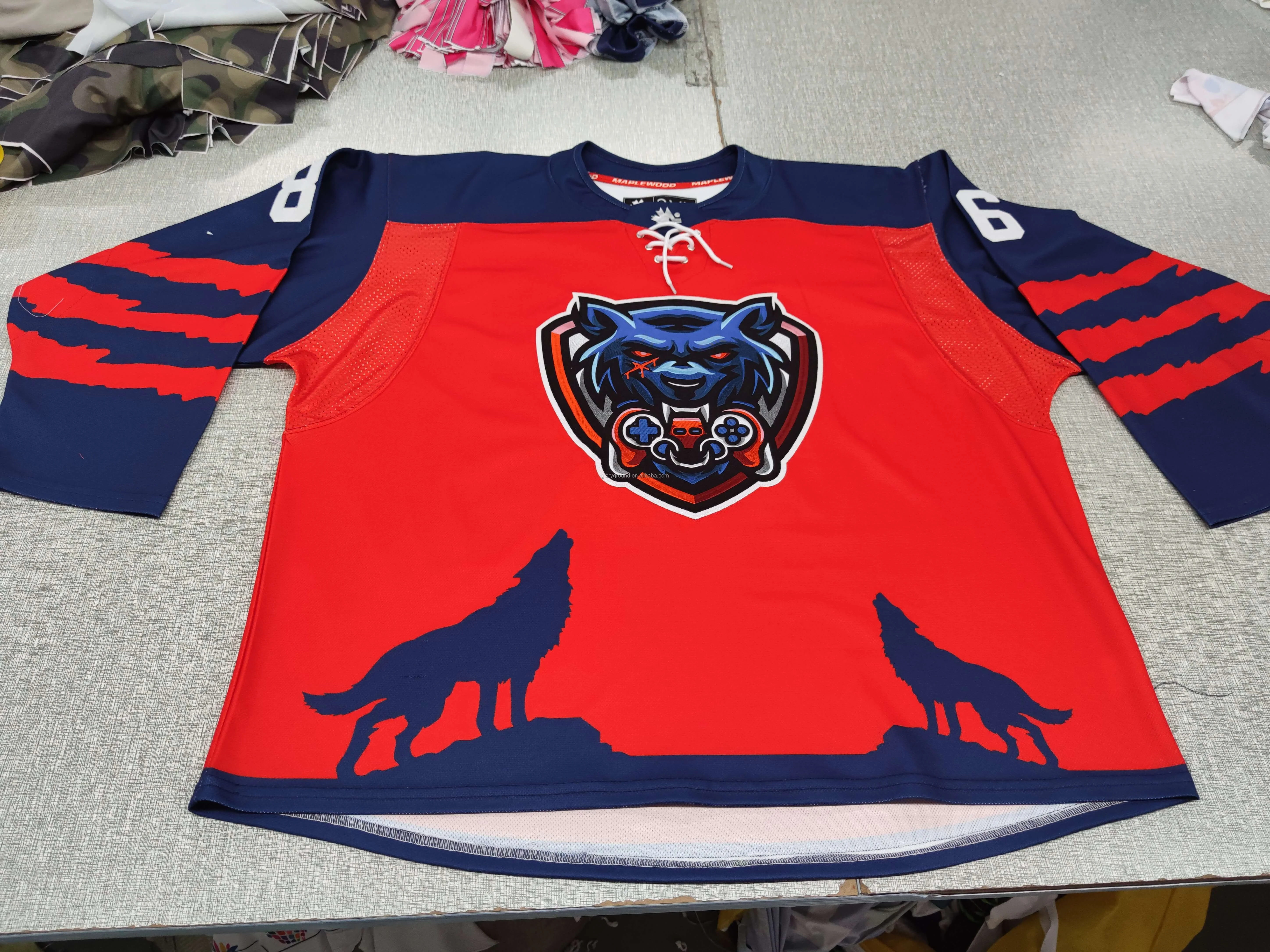 custom high quality college ice hockey uniforms double sided fully sublimation print gum patches 100% poly team hockey jerseys