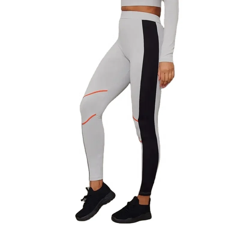 Women sports breathable Polyester Spandex Four Way Stretch Contrast Piping Gym Leggings black and white High Waist Yoga Tights