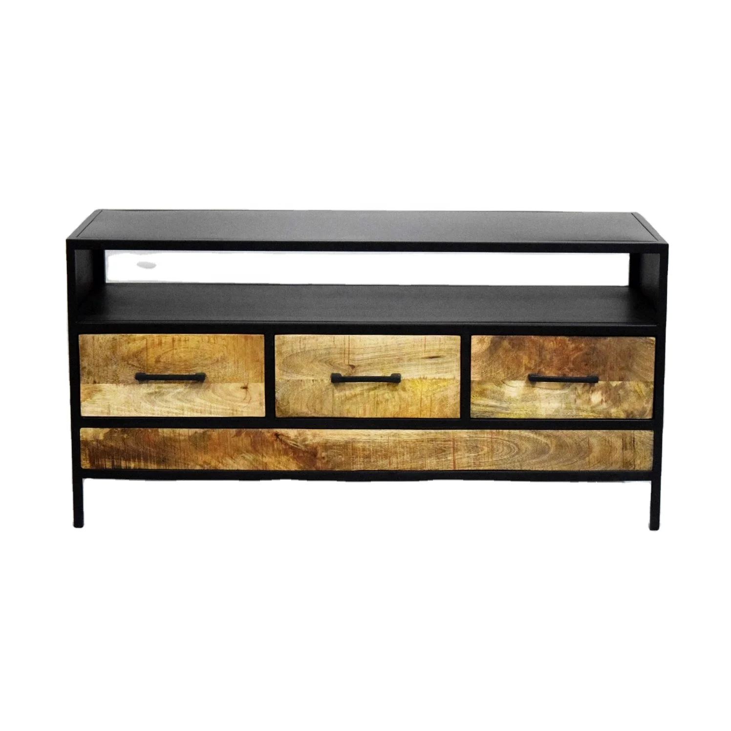 Best Quality Natural Solid Mango Wood and Iron Base TV Cabinet with Storage Drawers for Home Living Room at Reasonable Price
