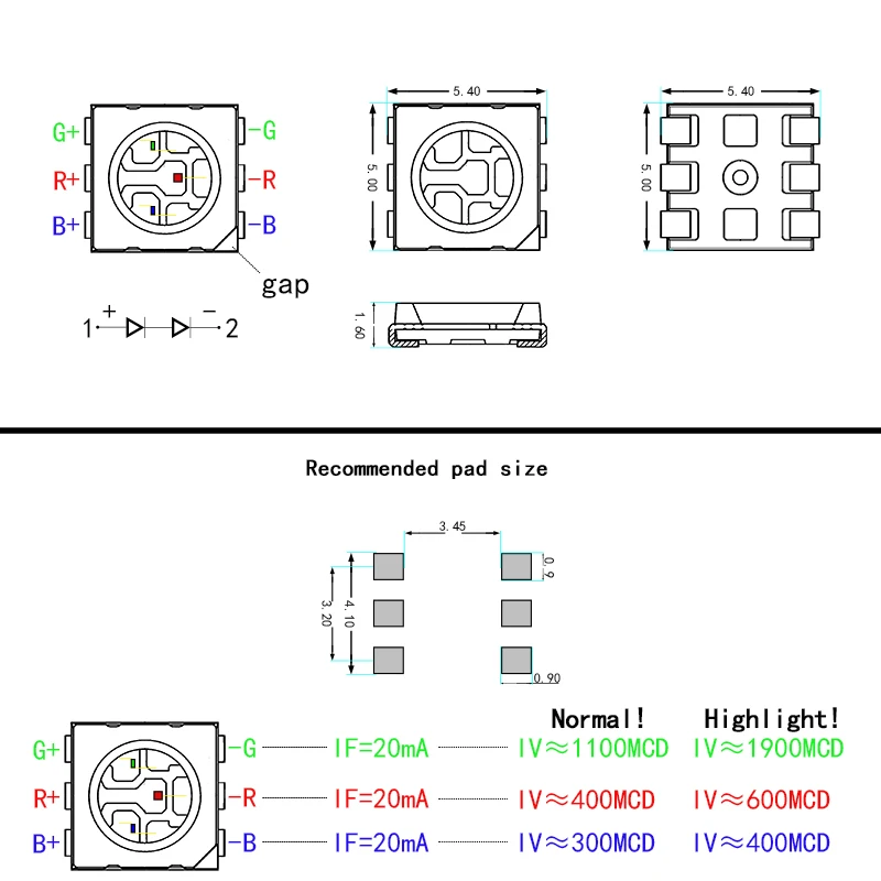 5050 RGB SMD LED red green blue three color 5050 3in1 LED chip  LED Tri-Color DC 3V 0.2W led RGB