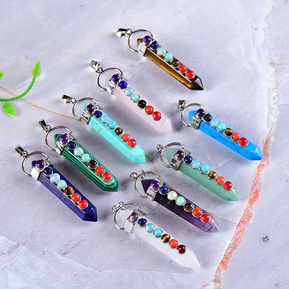 Wholesale Natural 7 Chakras Stone Double Point Gemstone Pendant Reiki Healing Handmade Fashion Pendant For Men Women Charm