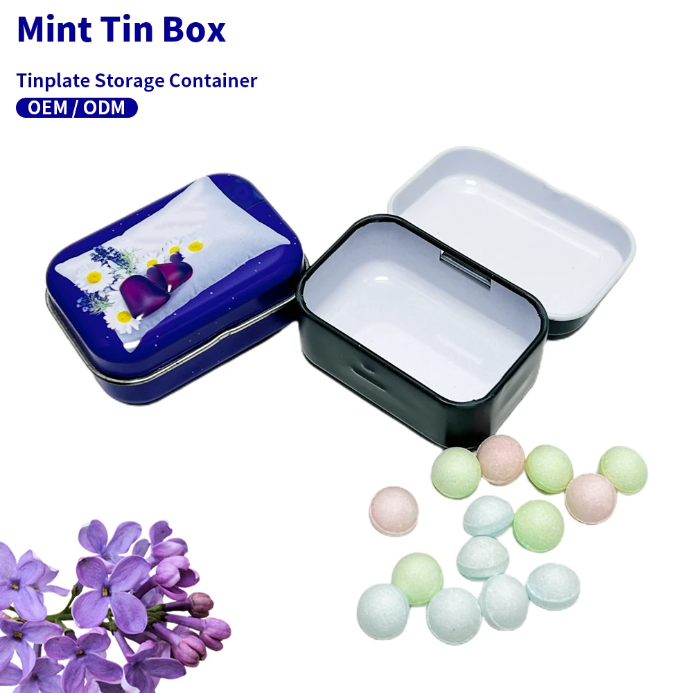 OEM ODM Custom Chewing Gum Tinplate Storage Container Rectangle Metal Box/Can Small Airtight Mint Tin Hinge Lid For Mint