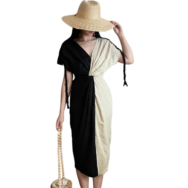 Linen Clothes Dresses Women Midi Linen Dress Cotton For Lady Color Block Casual Wholesale Natural From Vietnam Manufacturer
