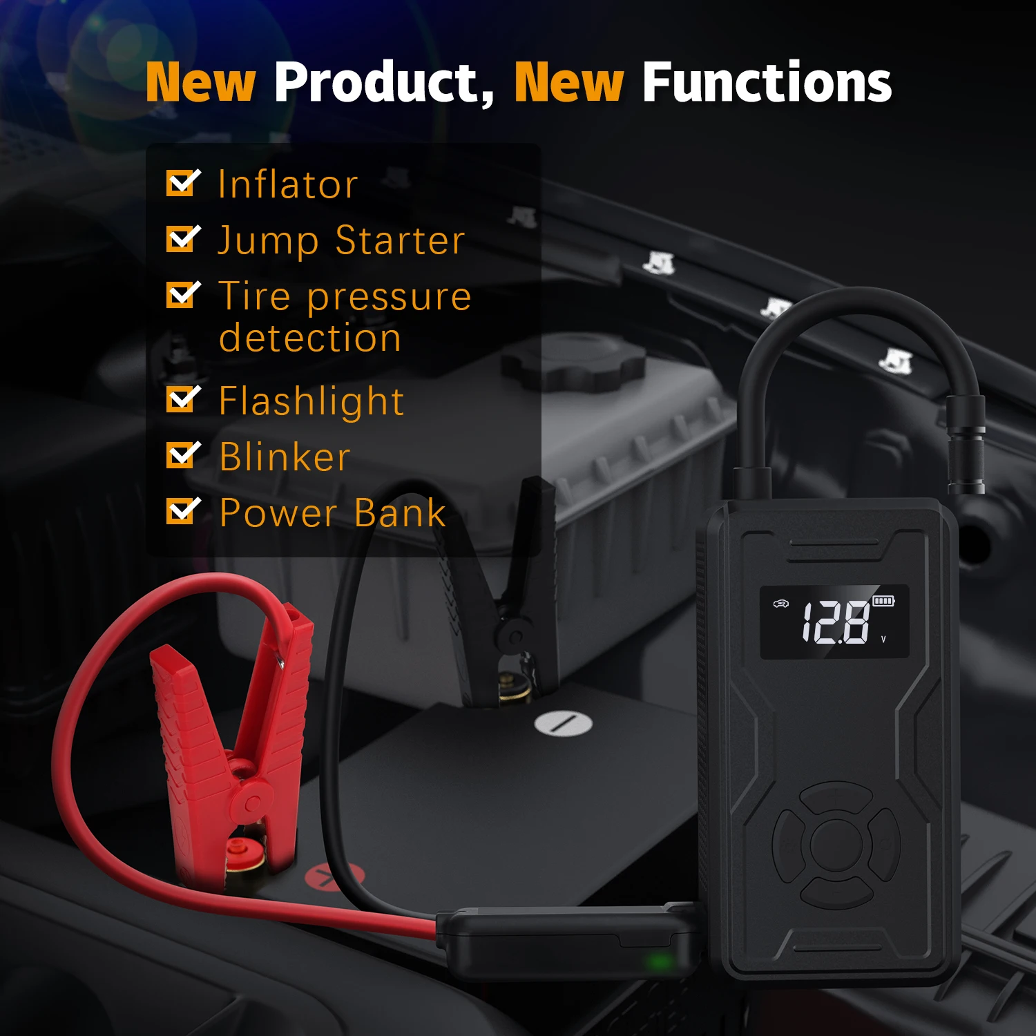 14.8V 600A car jump starter with air compressor 6 in 1 multi-function portable high power jump starter