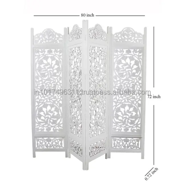 Handcrafted 4 Panel Wooden Room Partition & Divider ( White) Solid Wood Decorative Screen (Free Standing)
