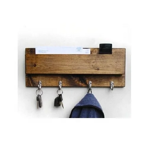 Vintage blue rustic Wood Wall Mounted Mail Holder with 6 Key Hooks for living room decoration