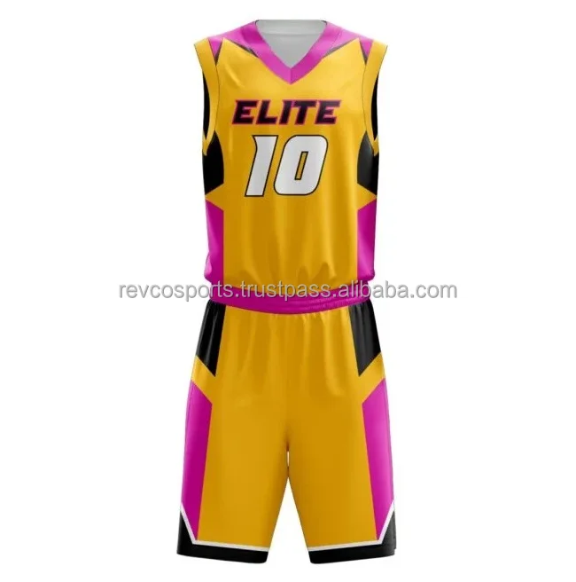 Комплект баскетбольной спортивной формы для женщин, желто-розовый с черной баскетбольной униформой, новый дизайн, стильные майки с мячами-корзиной