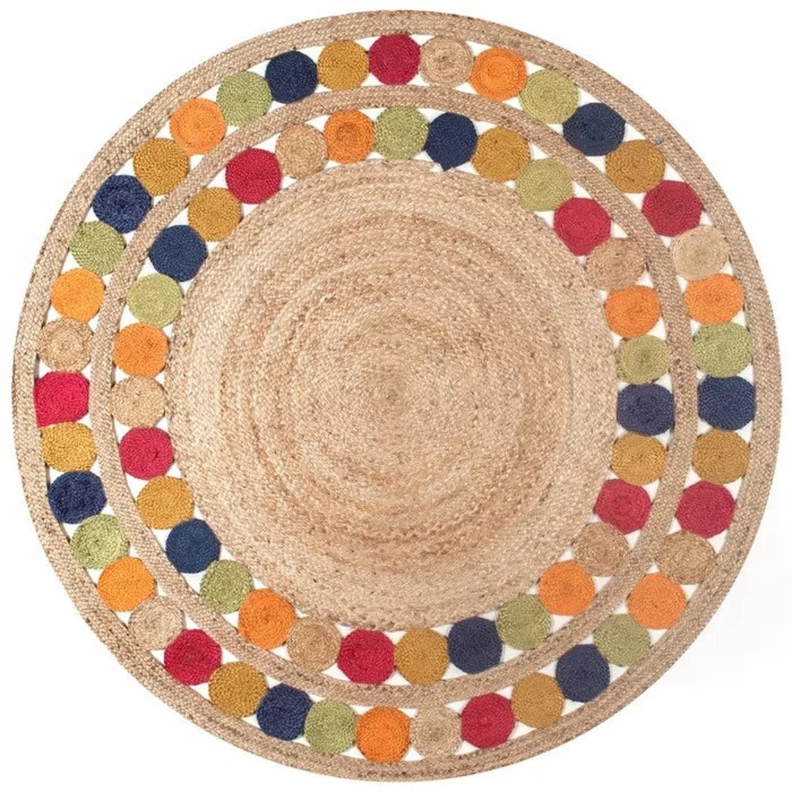 Indian Natural Jute Cotton Beautiful Hand Braided Round Shape Outer Double Layer Tikli Floor Rug Carpet for Bedroom Living Room