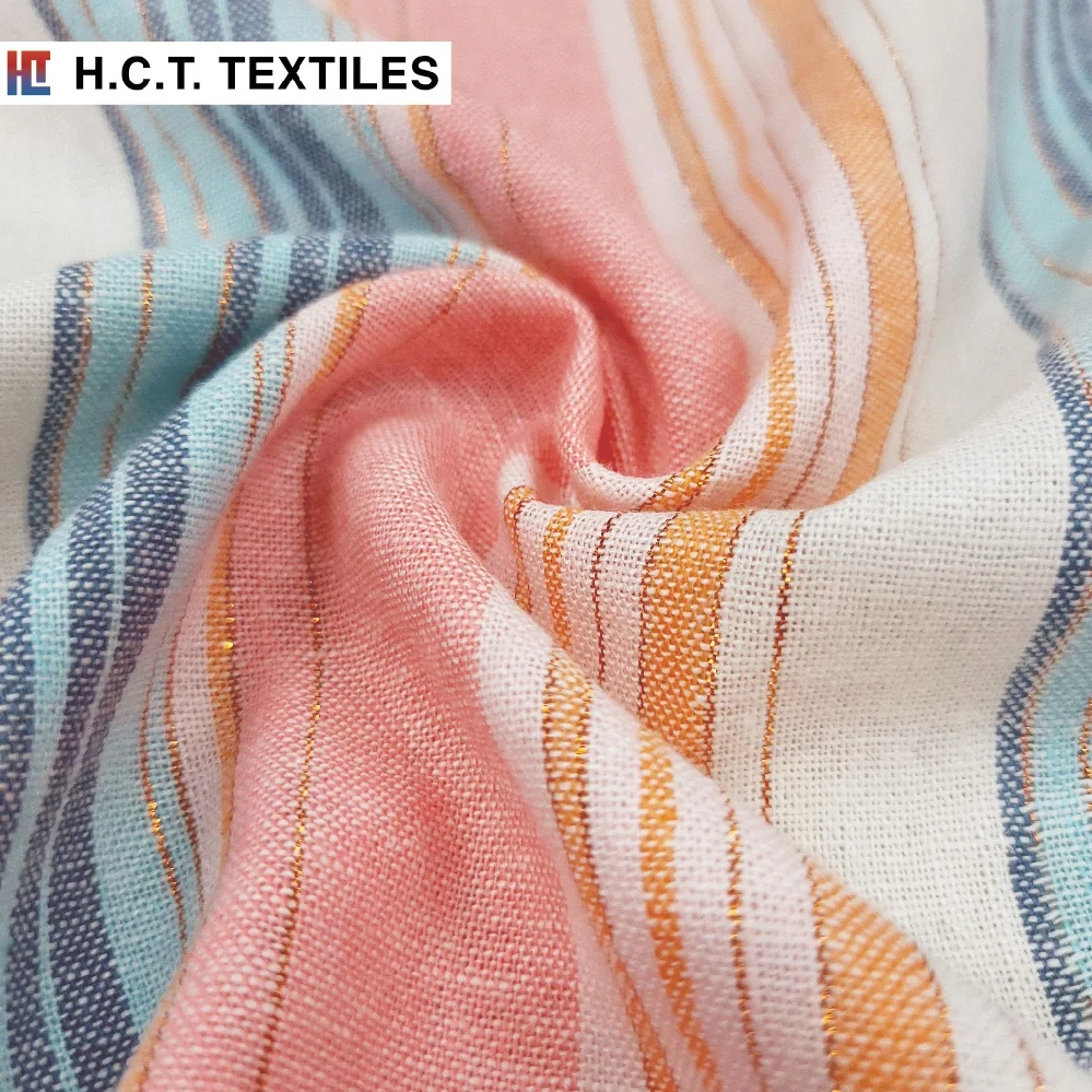 Весенне-летняя многоцветная ткань из вискозы и льна с металлическими полосками 190 г для платья