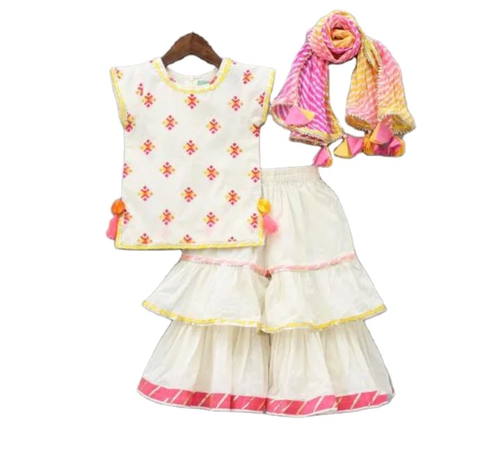 White Multicolour Bootie Kurti And Sharara With Dupatta Multicolour Thread Embroidery Layered Sharara Frills And Lace Attached