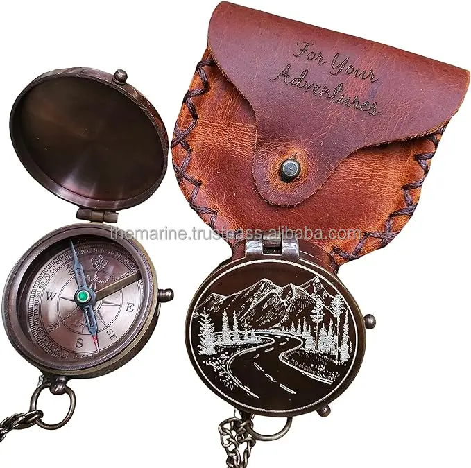 Handmade Mountain & Road Engraved Antiqued Brass Compass With 'for Your Adventures' Stamped Leather Case