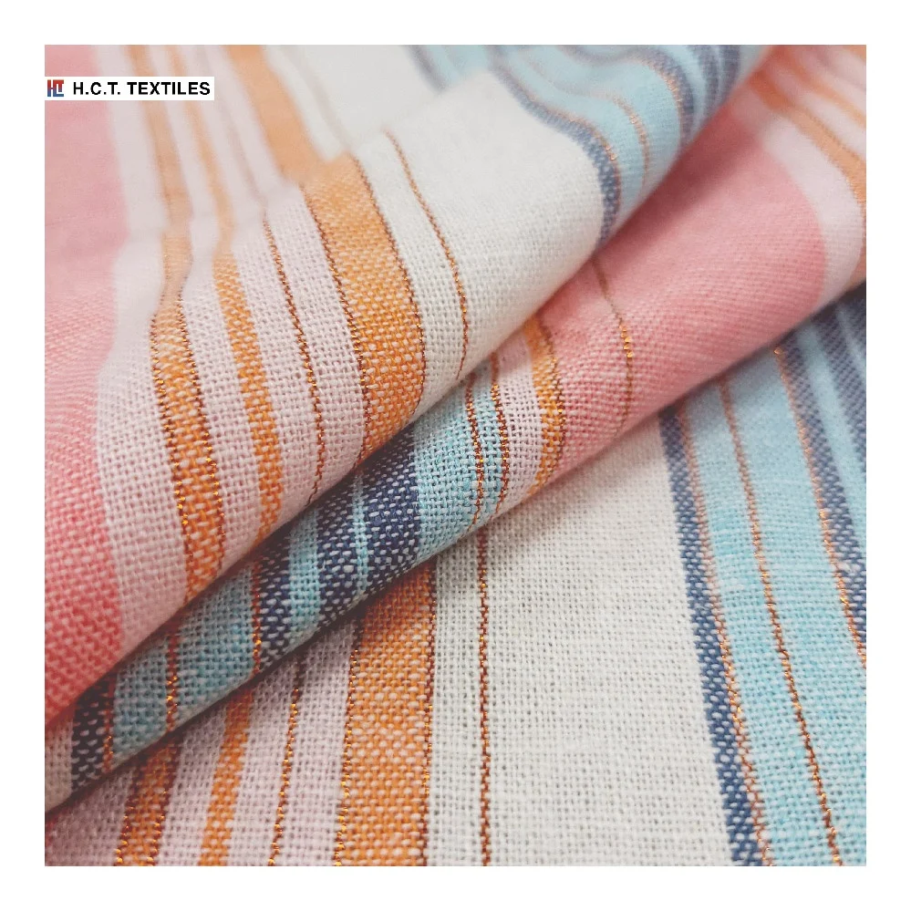 Весенне-летняя многоцветная ткань из вискозы и льна с металлическими полосками 190 г для платья