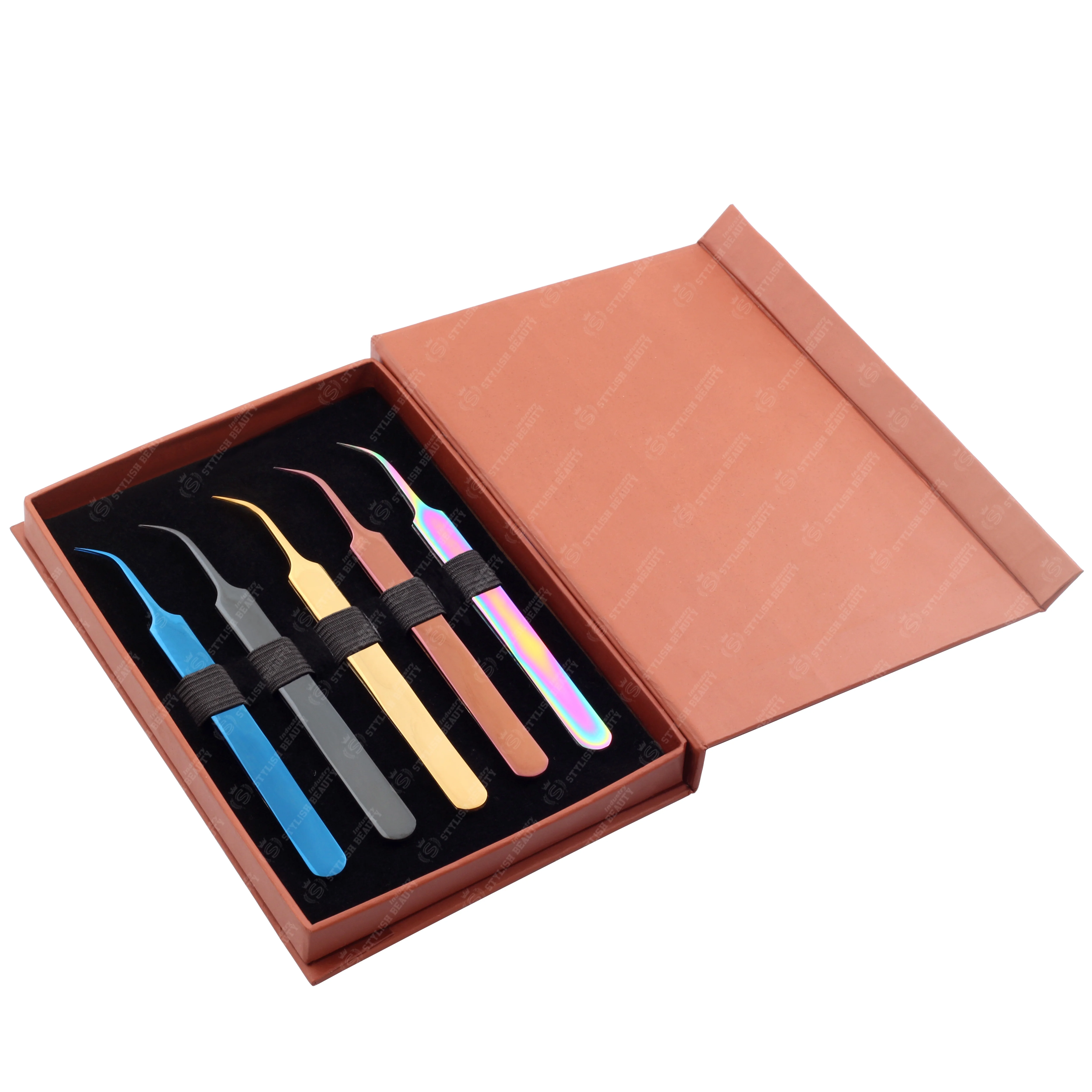 Lash Extension Tweezers Bulk Volume Eyelash Tweezers Plasma Black With Matching 5 Pieces Box Packing Custom logo