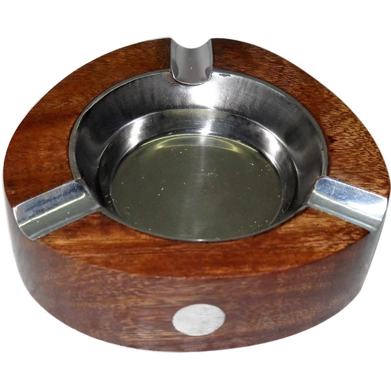 High Quality Acacia Wood Ashtray Handcrafted Unique Design Cigar Lighter Smoking Accessory Metal Inlay Creative Household