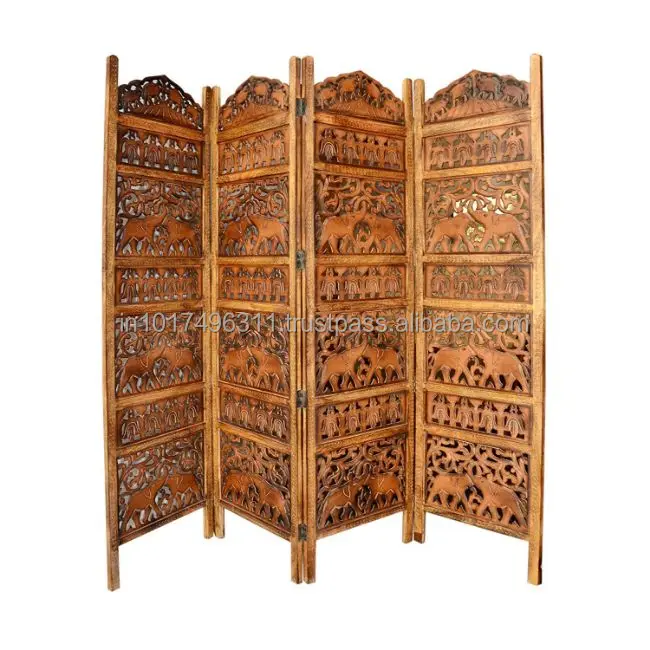 Handcrafted 4 Panel Room Partition (Brown) Solid Wood Decorative Screen Partition  (Free Standing , Finish Color - Brown )