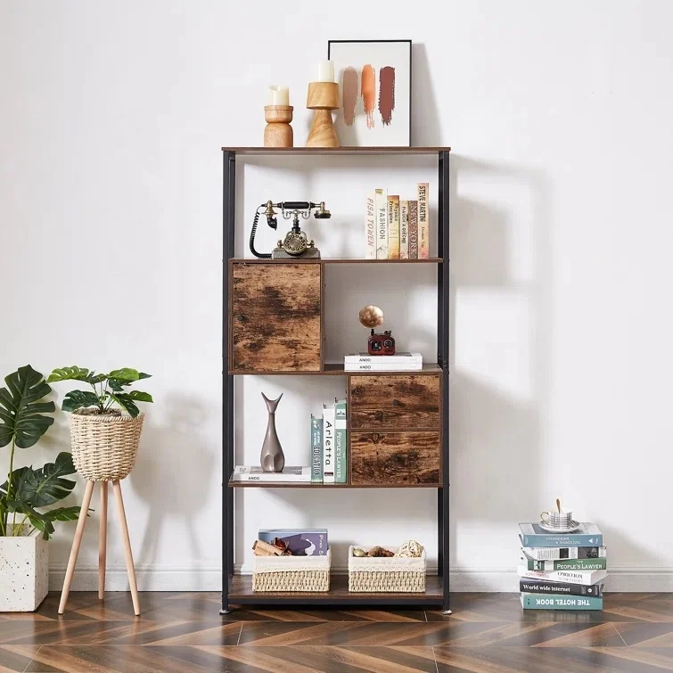 Modern Wooden Shelf Library Wall Bookcase With Drawers and Door