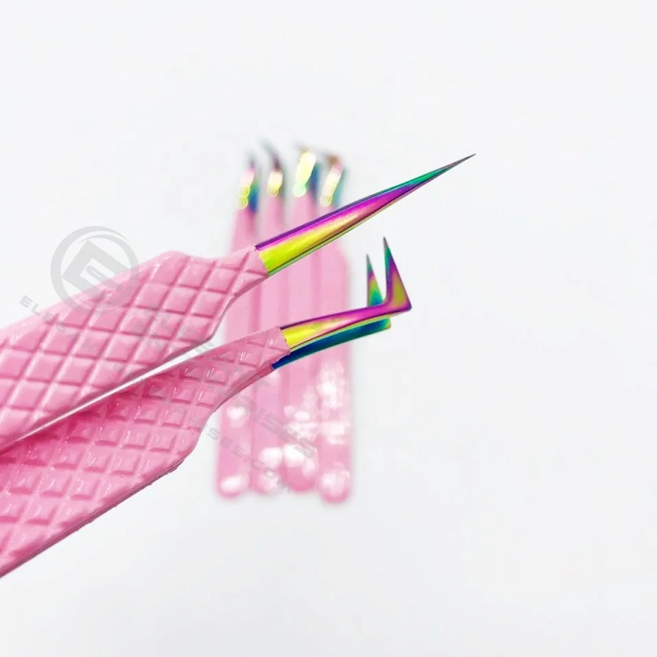 
pink powder coated with rainbow tips eyelash extension tweezer/ Stainless steel extension tweezers with custom brand name 