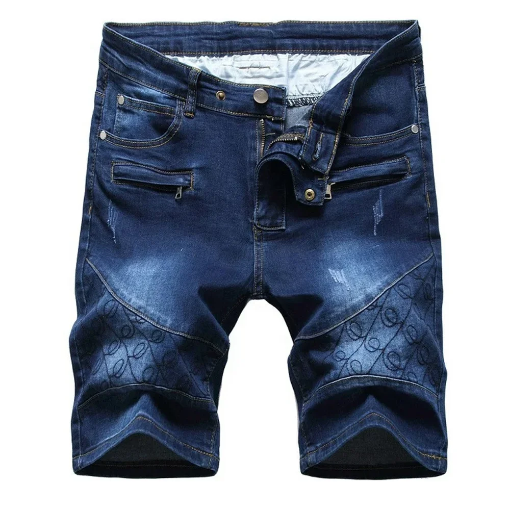 2023 Trending Zipper Elastic Slim Casual Denim Shorts Ripped Mid-length Pants Custom Design Denim Shorts For Men