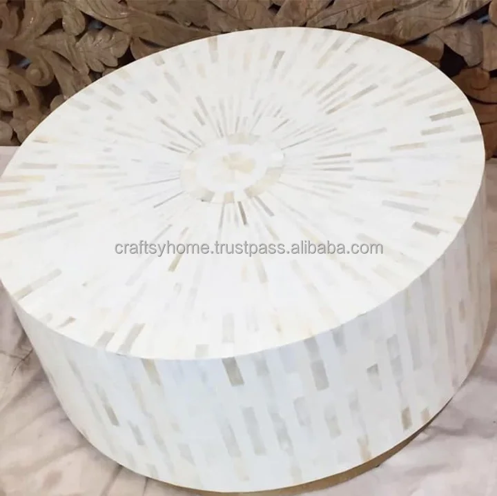 INDIAN CRAFTS LUXURY HANDMADE BONE INLAY ROUND COFFEE TABLE IN NATURAL WHITE COLOR FOR LIVING ROOM DECOR BY CRAFTSY HOME