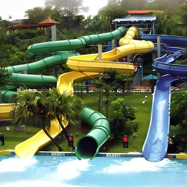 Water park, fiberglass equipment and large swimming pool, spiral water slide for sale