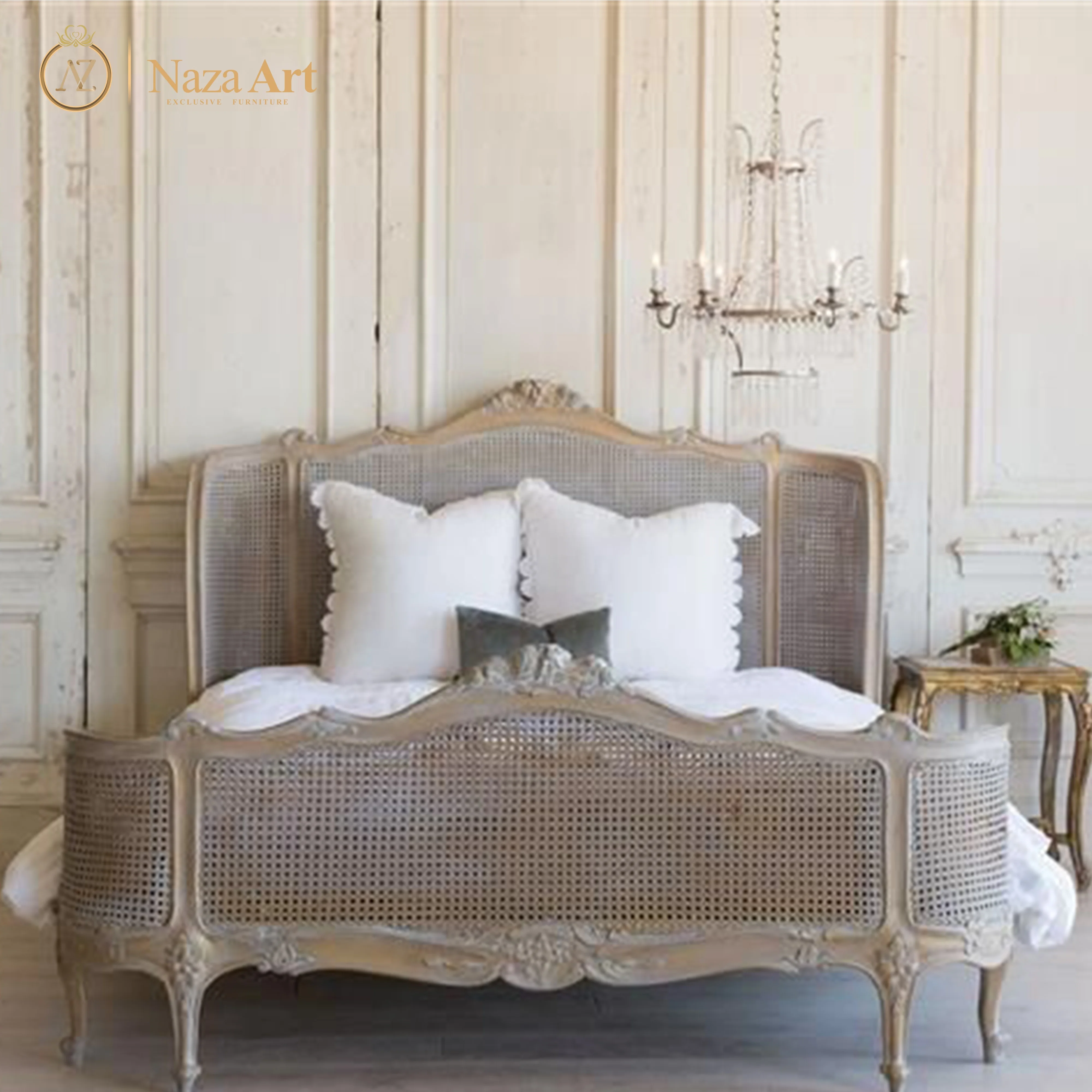 French Beds, Bed Frame With Rattan Made From Solid Wood With Elegant Design For Bedroom Furniture