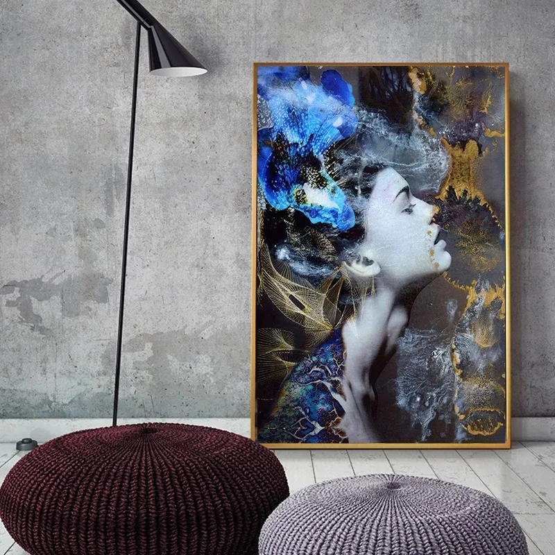 Modern Female Portrait with Blue Background Abstract Decoration Wall Art Picture and Poster Printing Home Room Hanging Picture