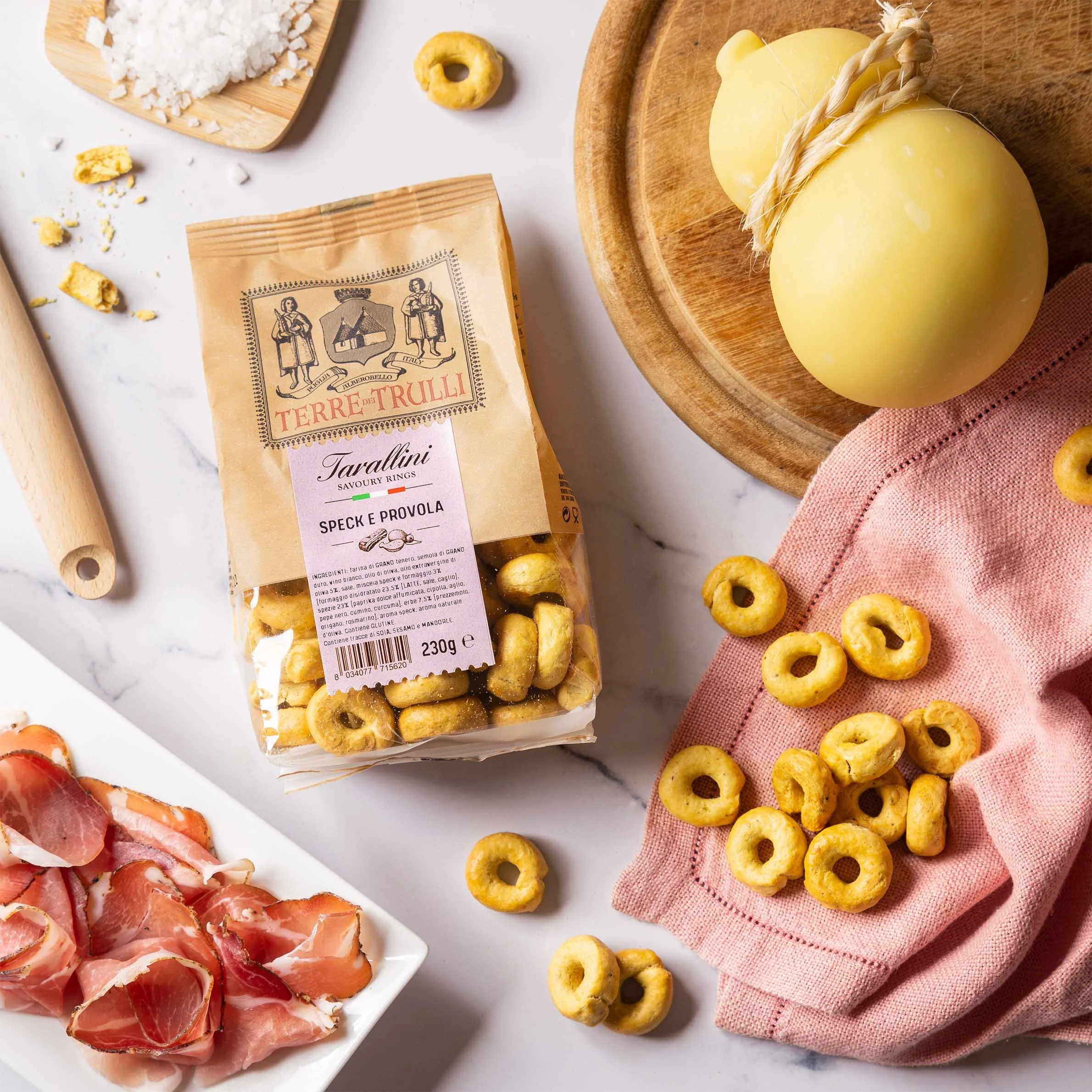 Taralli - Made in italy baked Grain snacks with italian Smoked Ham & Cheese - 230g plastic pack